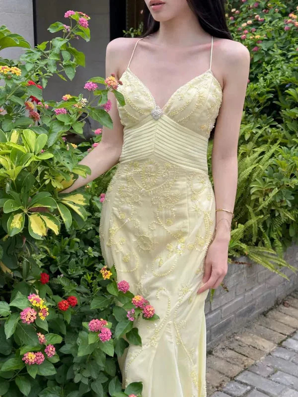 Mermaid Spaghetti Straps Yellow Chiffon Long Prom Dresses Evening Dress With Beads SH1654