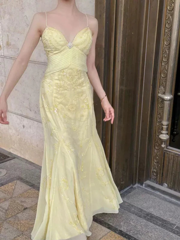 Mermaid Spaghetti Straps Yellow Chiffon Long Prom Dresses Evening Dress With Beads SH1654
