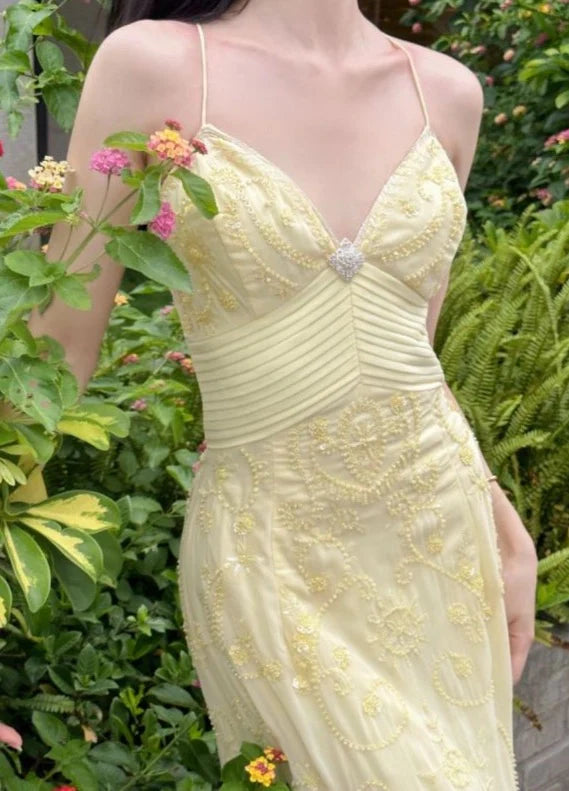 Mermaid Spaghetti Straps Yellow Chiffon Long Prom Dresses Evening Dress With Beads SH1654