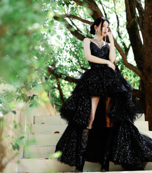 Sexy Ball Gown Spaghetti Straps Black Sequin Layered Tulle Prom Dress Evening Dress 16th Birthday Dress SH4052
