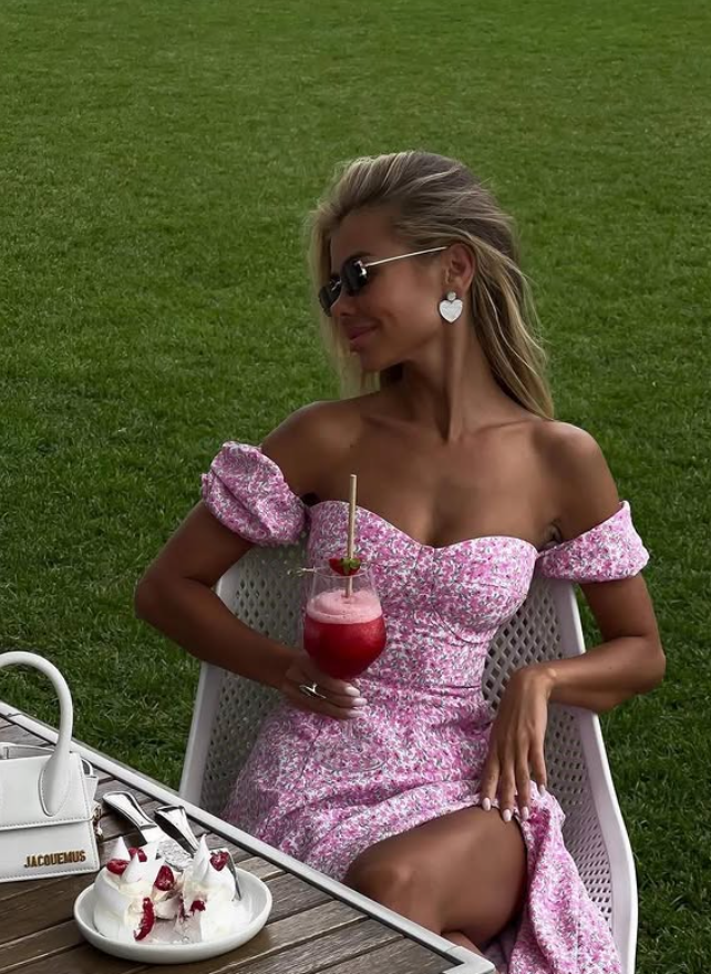 Romantic A Line Off the Shoulder Pink Print Floral Satin Vacation Dress Outfits with Slit SH4360