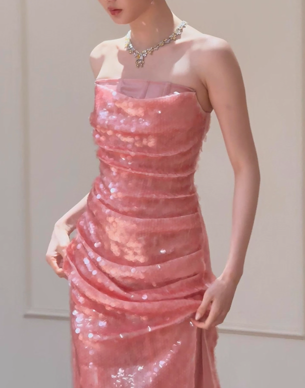 Gentle Pink Sheath Pleated Sequin Prom Dress Evening Dress 16th Birthday Dress SH4049