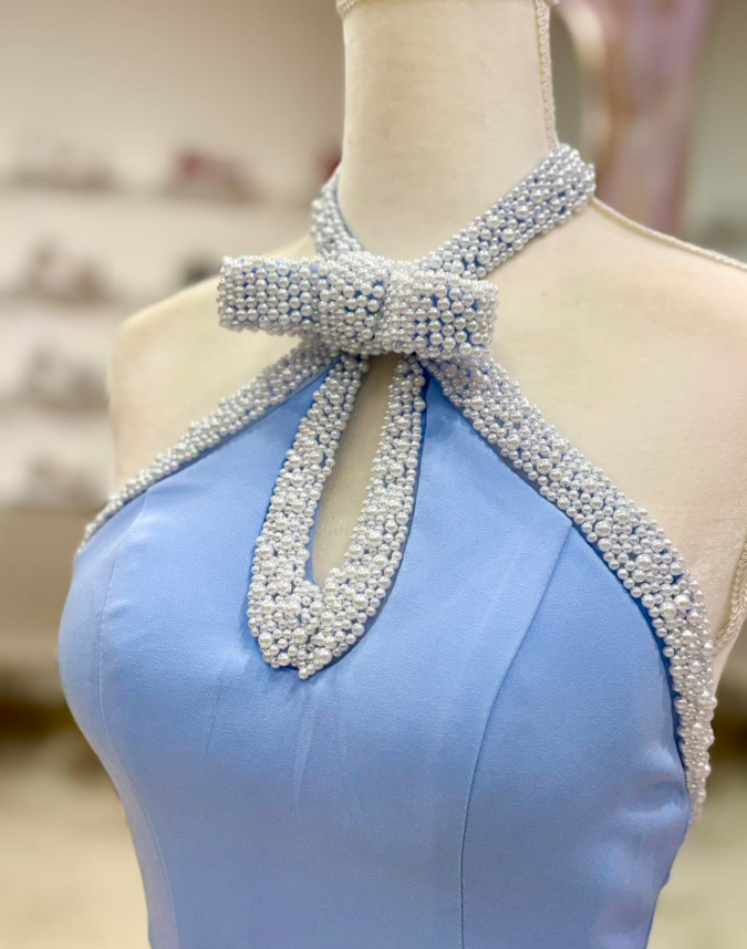 Sweety Light Blue Mermaid Pearl Satin Long Prom Dress Evening DressSH6822