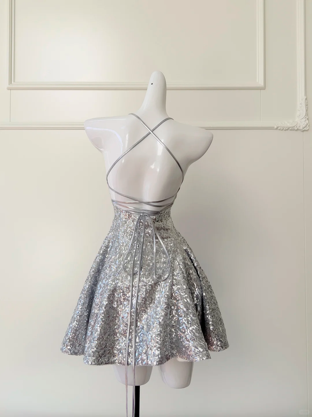 Shiny A Line Spaghetti Strap Silver Sequin Short Open Back Homecoming Dress Cocktail Dress SH3005