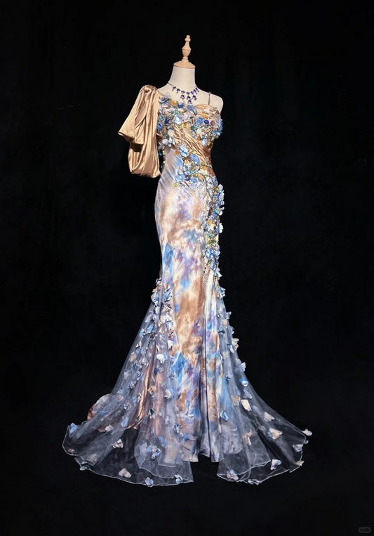 Gorgeous Mermaid Straps Appliques Print Flower Organza Satin Prom Dress Evening Dress SH3333