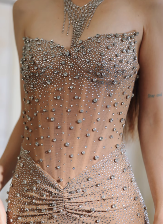 Exquisite Rhinestone Champagne Mermaid Sweetheart Neck Black Tulle Long Evening Dress Gown Dress SH3585
