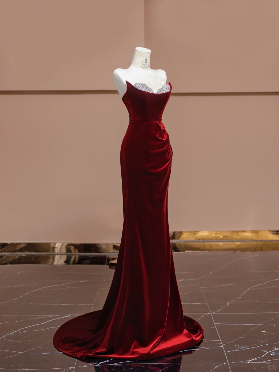 Burgundy Mermaid Strapless Beaded Velvet Long Prom Dress Party Dress SH4368