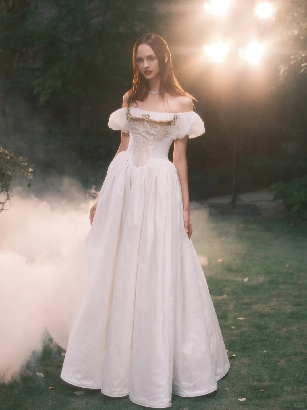 Princess A Line Puff White Appliques Satin Long Prom Dress Evening Dress SH3318
