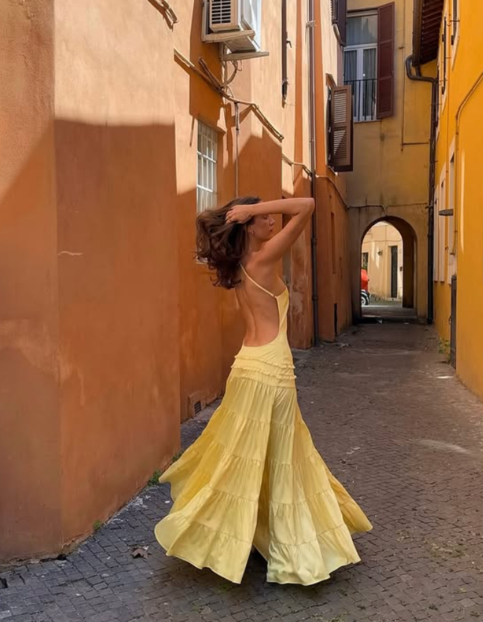 Simple Yellow A Line One Shoulder Satin Open Back Prom Dress Wedding Guest Dress SH4291