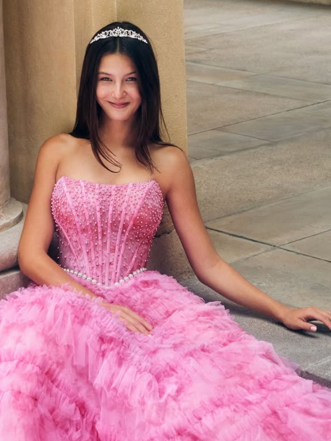Princess Pink Ball Gown Strapless Beaded Corset Tulle Long Prom Dress Date Dress SH6510