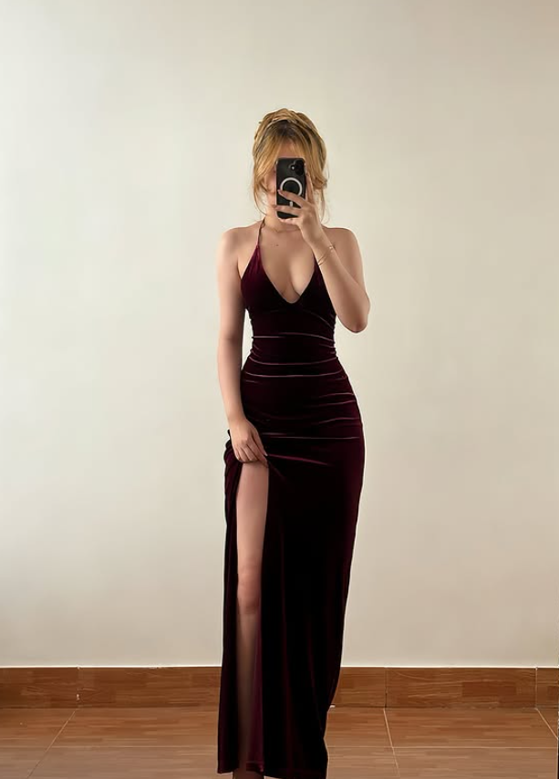 Dark Burgundy Sheath Spaghetti Strap Velvet Backless Long Prom Dress Evening Dress SH6883