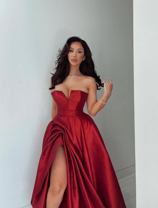 Pretty Burgundy A Line Strapless Satin Prom Dress Evening Dress with Slit SH6120