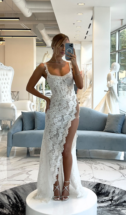 Romantic Sheath Spaghetti Strap White Lace Slit Wedding Dress SH6100