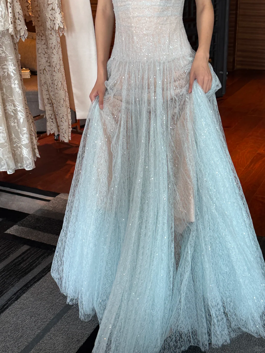 Romantic Blue A Line Strapless Sequin Tulle Long Prom Dress Gown Dress SH3582