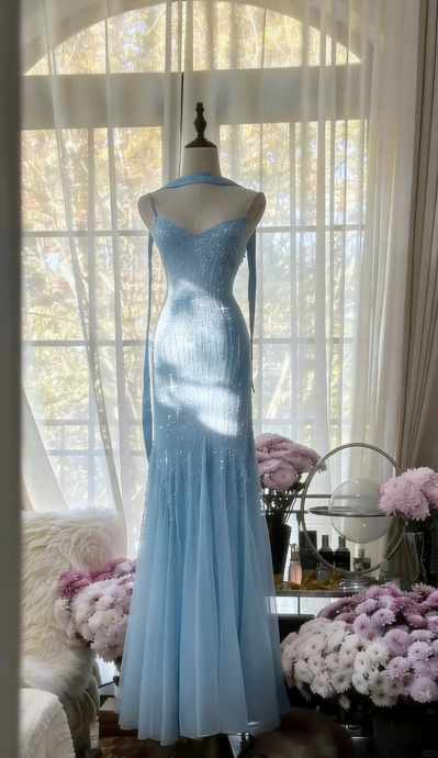 Lilac Mermaid Spaghetti Strap Beaded Chiffon Long Prom Dress Graduation Prom Dress SH2486