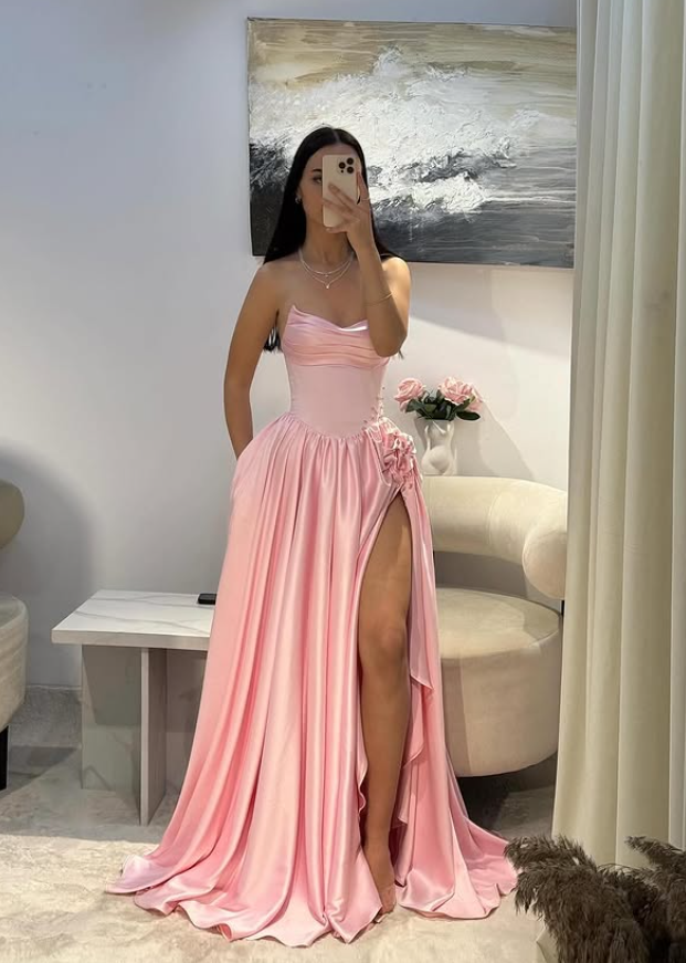 Pink A Line Sweetheart Neck Pleated Satin Prom Dress Wedding Guest Dress with Slit SH4439