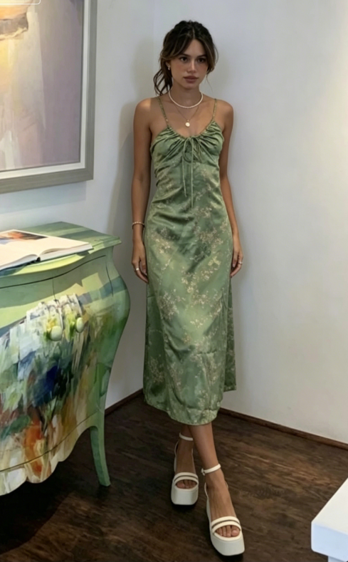 Green Vintage Printed Satin Party Dress Midi Length Formal Prom Dress SH1246