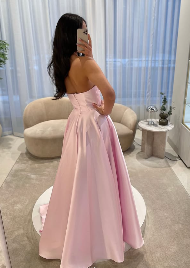 Gentle Pink A Line Strapless Satin Long Prom Dress Party Evening Dress SH5703