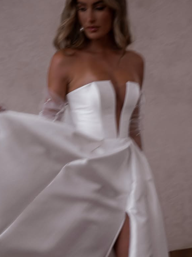 A Line Deep V Neck Satin Long Sweep Wedding Dress Prom Dress with Slit SH4127