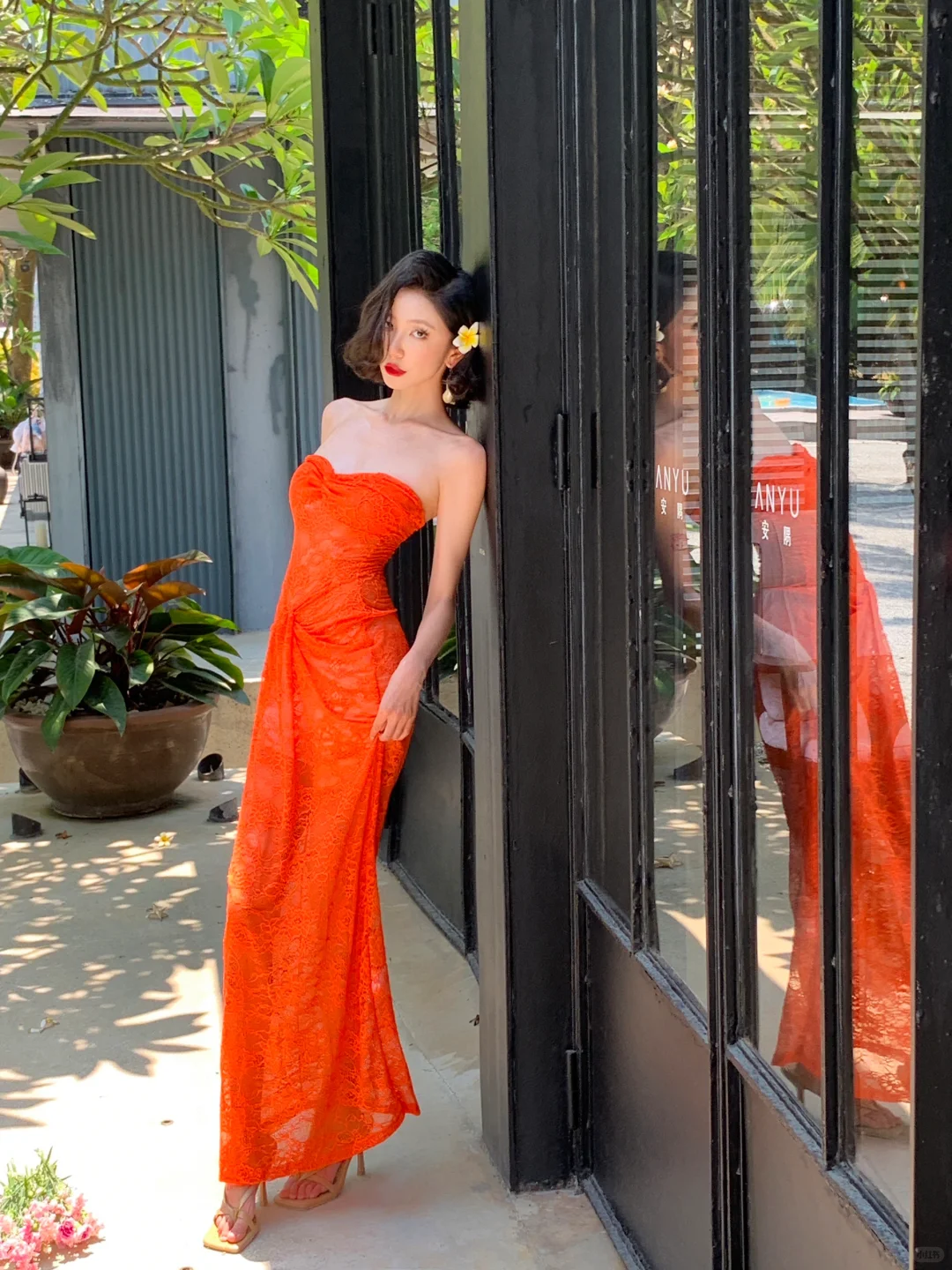 Orange Sheath Sweetheart Neck Sexy Lace Long Prom Dress Vacation Dress SH4313