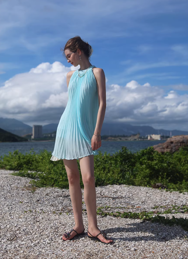 Blue A Line Halter Pleated Chiffon Short Homecoming Dress Vacation Dress Outfits SH3993