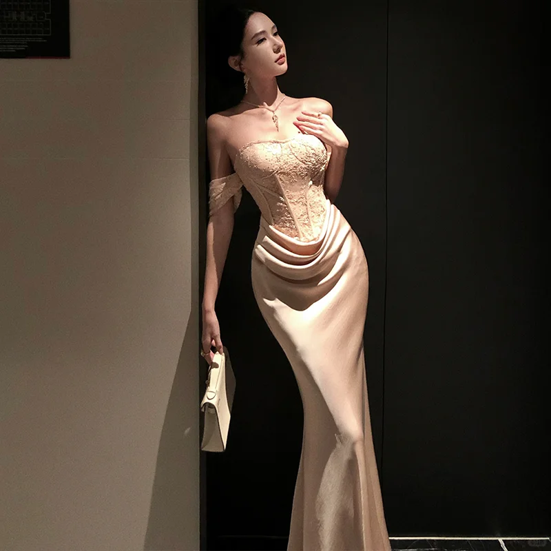 Elegant Mermaid Off the Shoulder Apricot Lace Satin Prom Dress Evening Dress Formal Gown SH3923