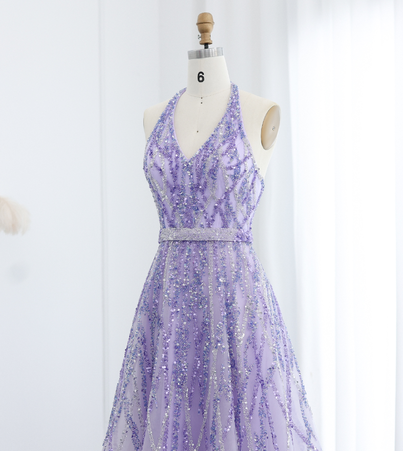 Lilac A Line V Neck Sequin Beaded Tulle Long Prom Dress Evening Dress SH2374