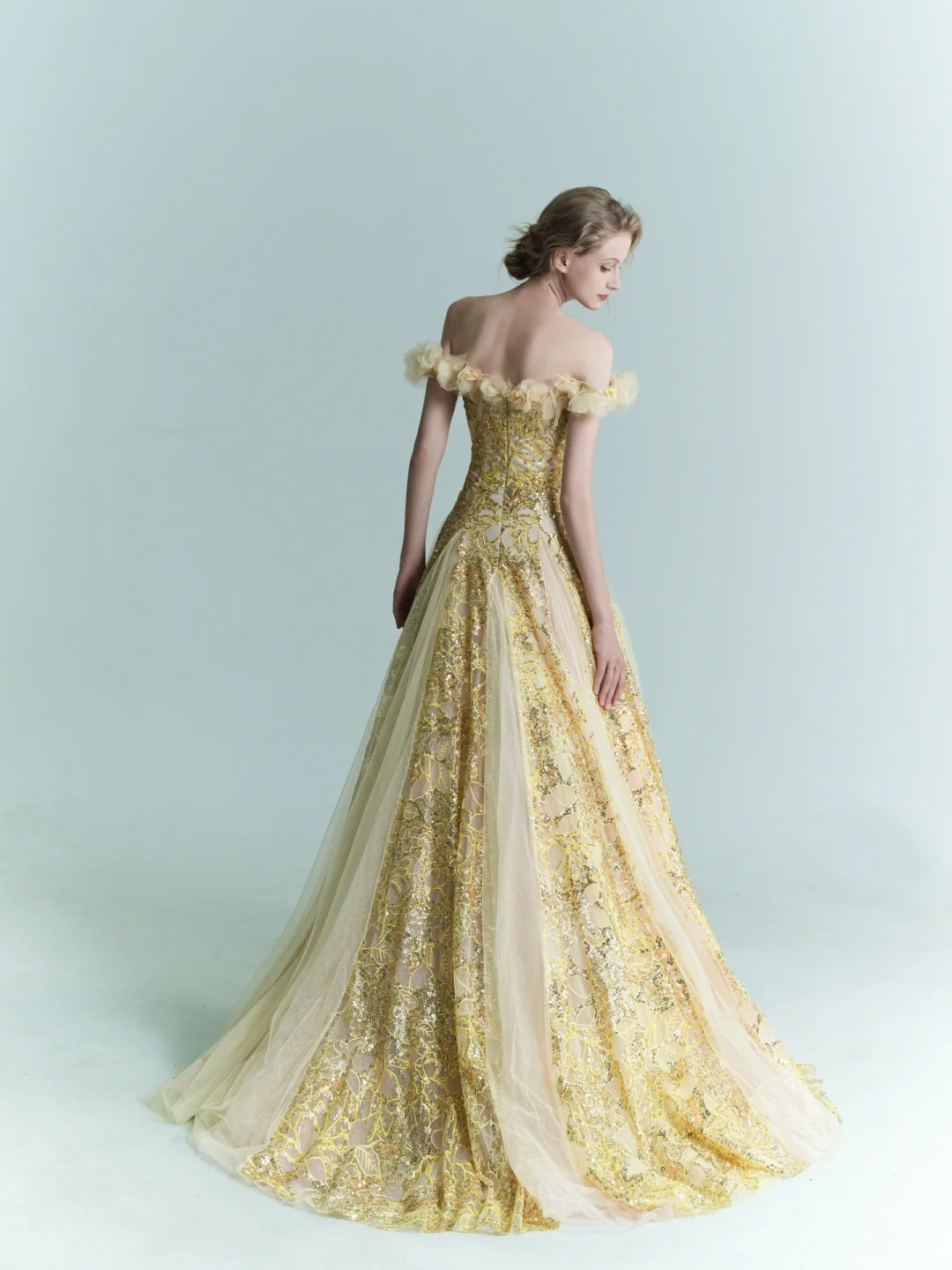 Yellow A Line Off the Shoulder Floral Sequin Tulle Prom Dress Evening Dress SH4225