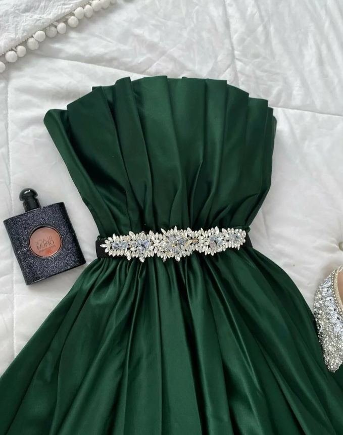 Emerald A Line Strapless Beaded Pleated Satin Long Prom Dress Evening Dress SH7309
