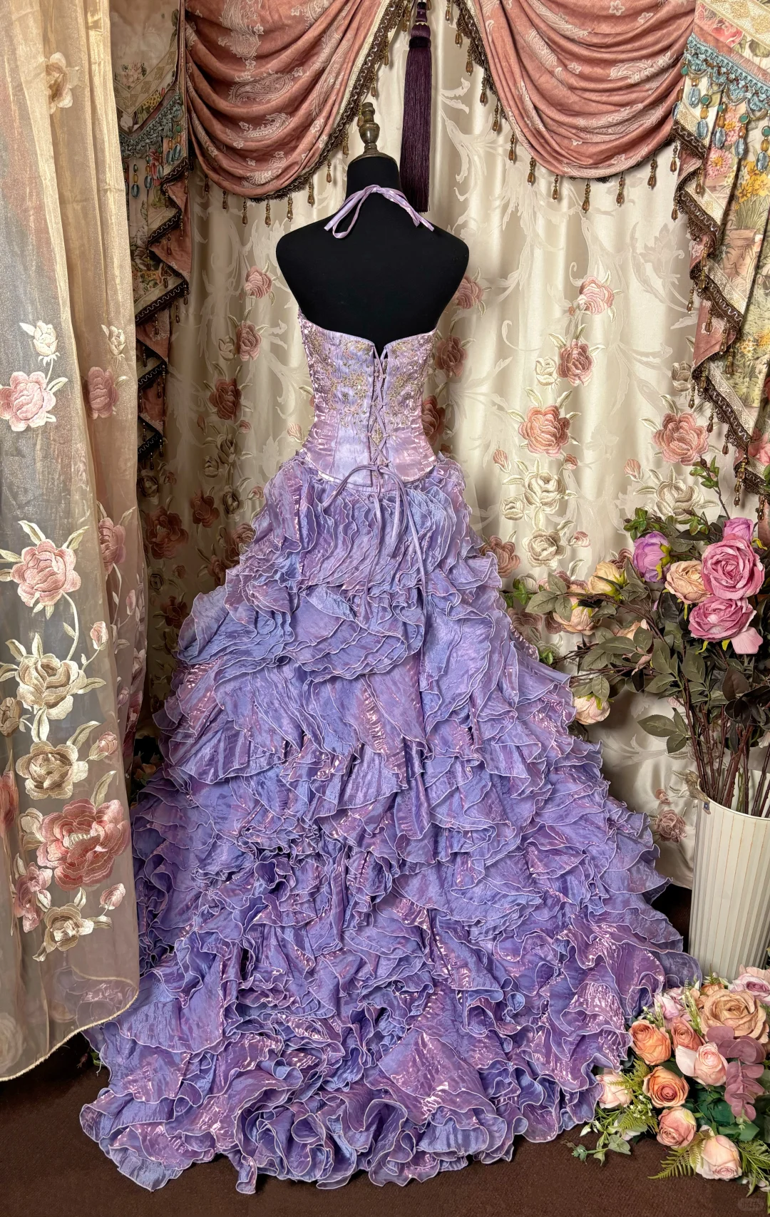 Exquisite Purple Ball Gown Halter Embroidery Layered Satin Long Prom Dress Evening Dress SH3720