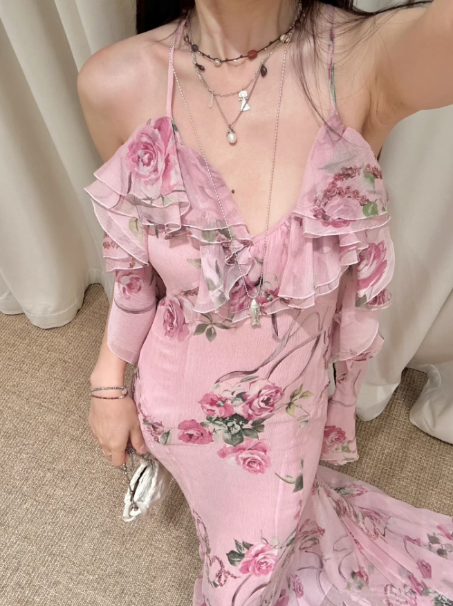 Flowy Pink A Line Spaghetti Strap Print Floral Chiffon Open Back Prom Dress Vacation Dress SH3985