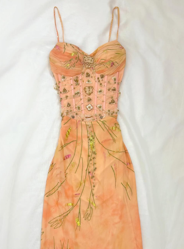 Retro Orange Print Floral A Line Spaghetti Straps Chiffon Long Prom Dress Cocktail Dress SH3547