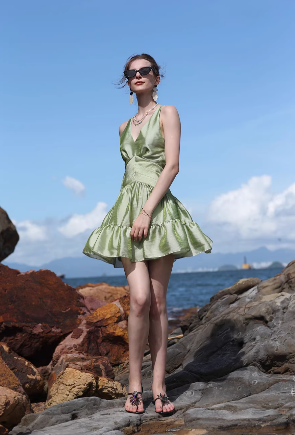 Green A Line V Neck Satin Open Back Short Homecoming Dress Vacation Dress Outfits SH3994