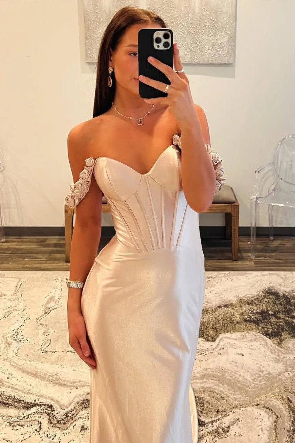 Stunning Mermaid Off the Shoulder Champagne Corset Prom Dress with 3D Flowers SH7796
