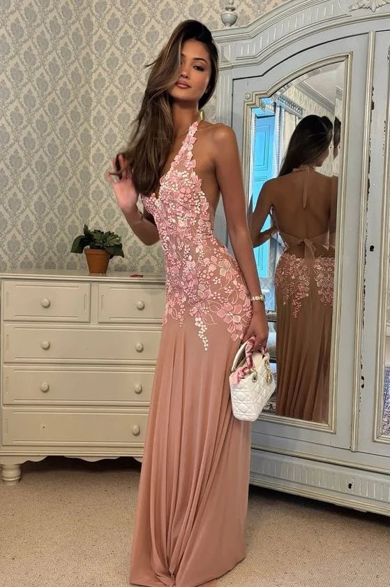 Charming A Line Halter Neck Pink Long Prom Dress with Appliques SH8291