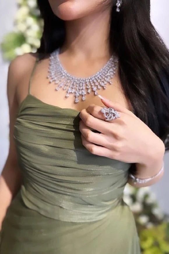 Charming A Line Spaghetti Straps Green Satin Long Prom Dress with Ruffles SH7765