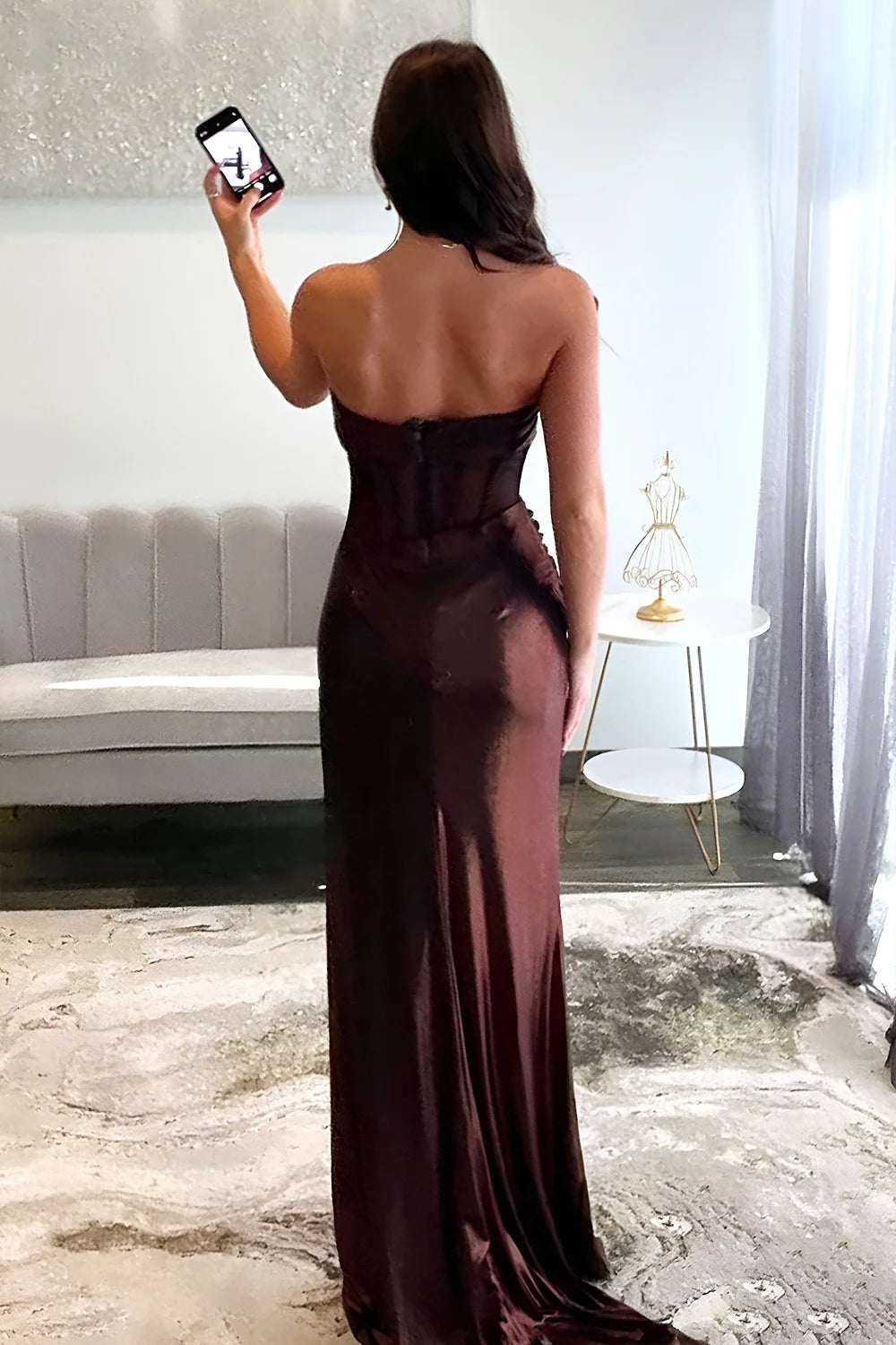 Chic Sheath Strapless Long Brown Metallic Prom Dress with Leg Slit SH8314