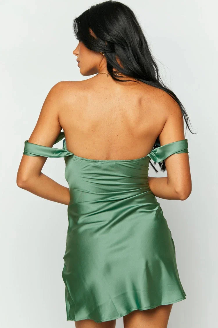 Chic Sheath Off the Shoulder Green Satin Homecoming Dress with Ruched SH7471