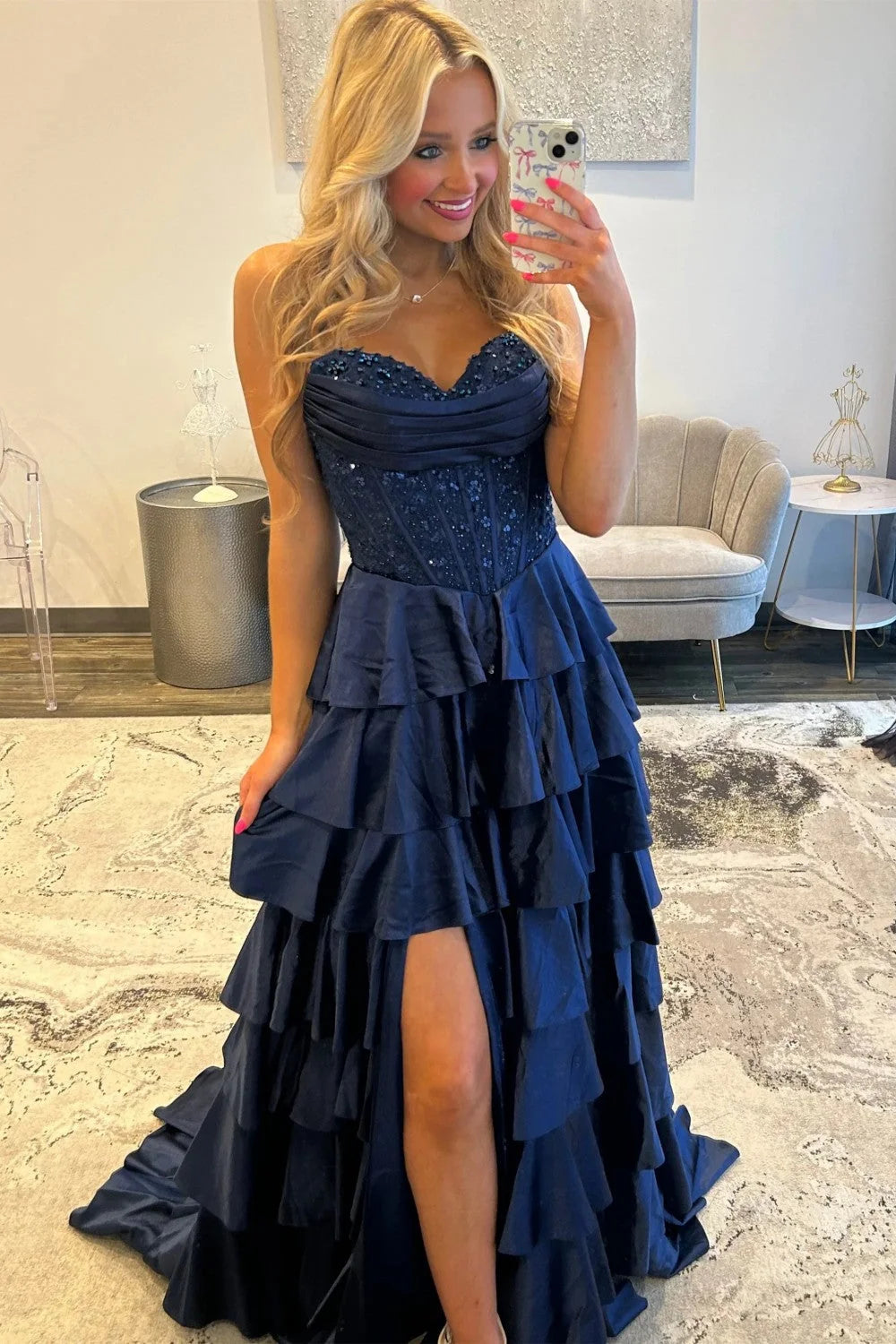Classic A Line Sweetheart Navy Corset Prom Dress with Appliques Ruffles SH8118