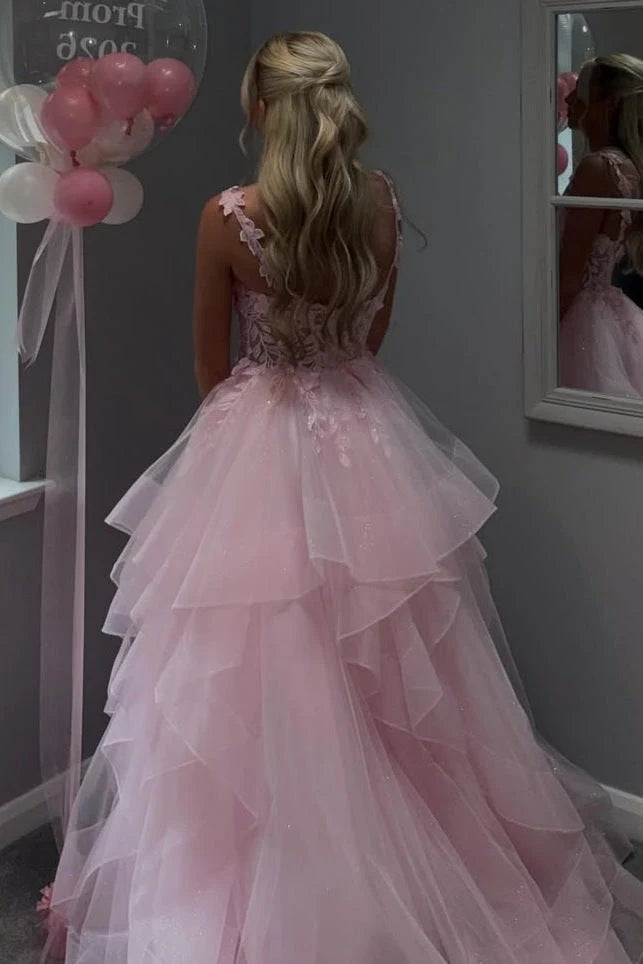 Pink Tulle A-Line Sleeveless Empire-Waist Ruffles Long Prom Dress SH8220