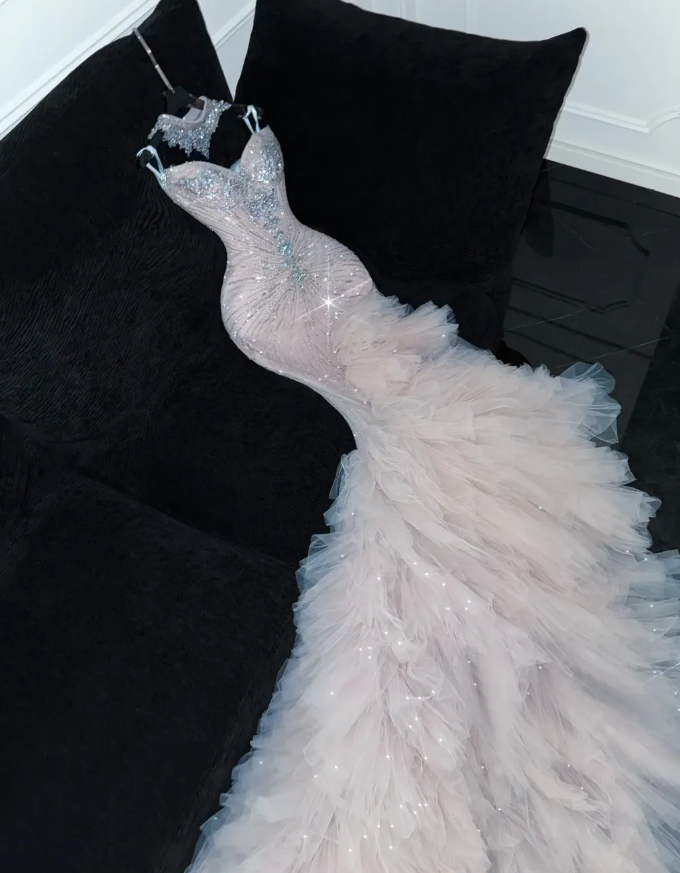 Mermaid Beaded Sweetheart Neck Tulle Long Prom Dress Evening Dress Party Dress SH3615