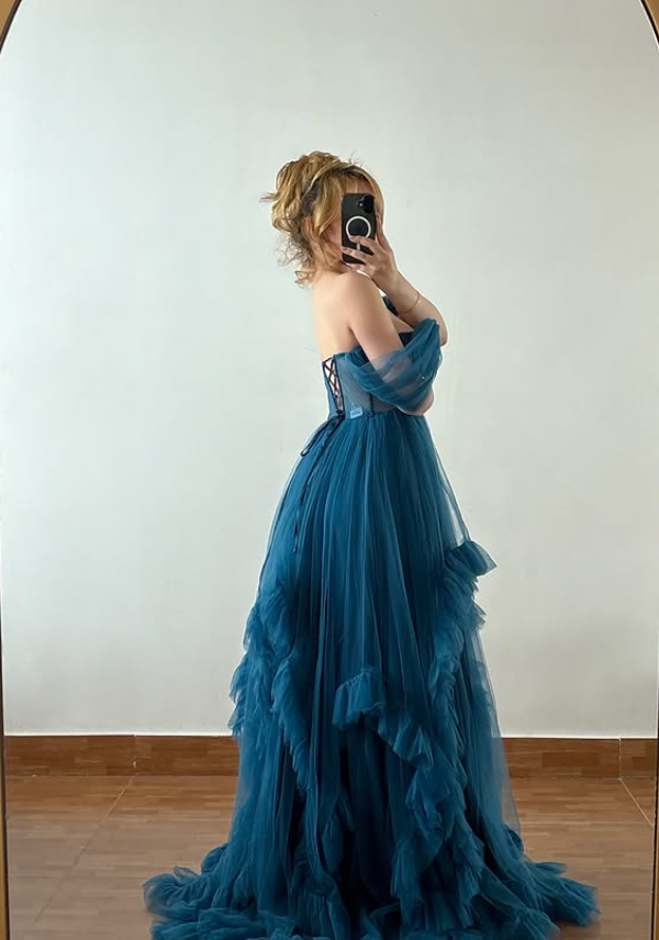 Princess Blue A Line Off the Shoulder Corset Tulle Long Train Prom Dress Evening Dress SH6882