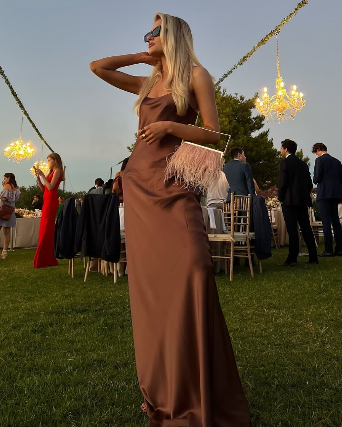 Simple Brown A Line Spaghetti Strap Satin Open Back Prom Dress Wedding Guest Dress SH4448