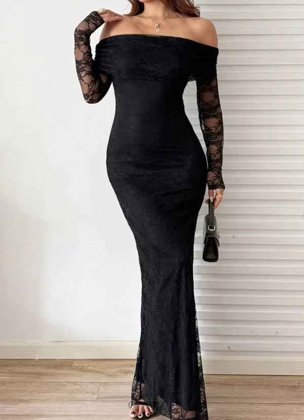 Sexy Sheath Long Sleeve Black Lace Long Prom Dress Evening Dress SH7085
