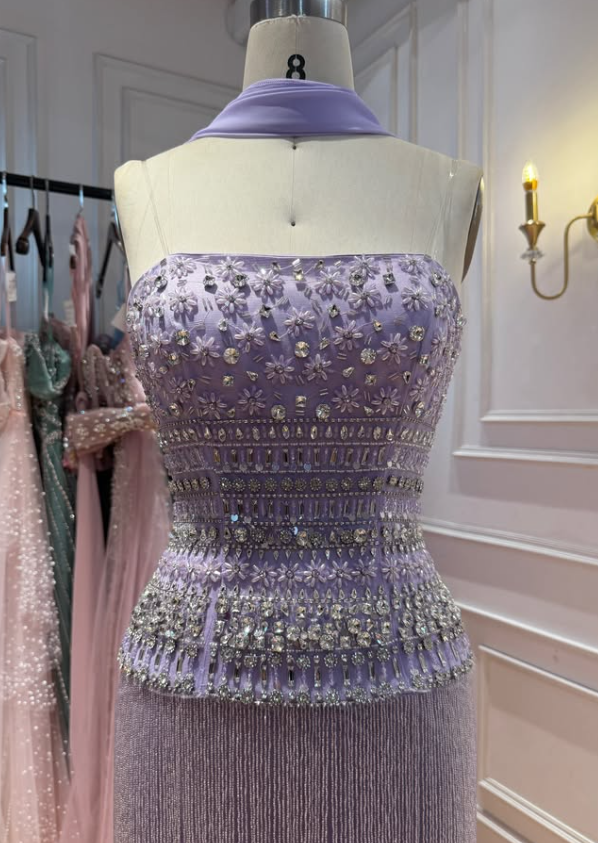 Lilac A Line Strapless Beaded Tassel Satin Long Prom Dress Evening Dress SH8951