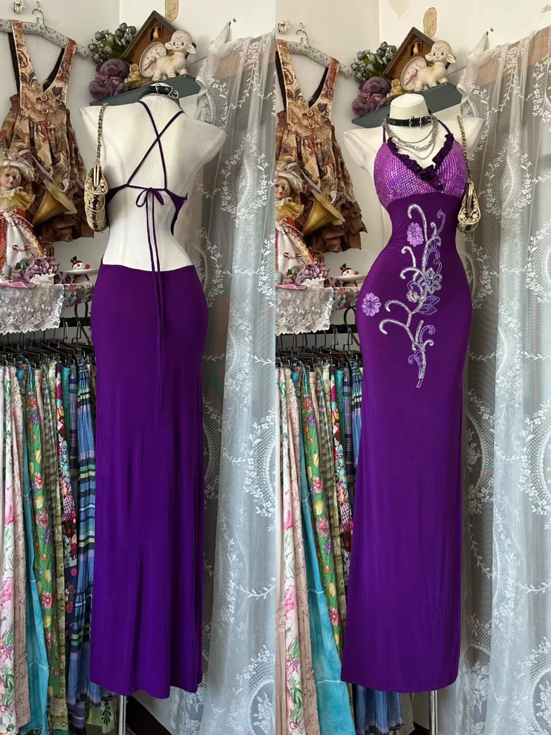 Vintage Sexy Sheath Halter Sequin Satin Backless Prom Dress Evening Party Dress SH5675