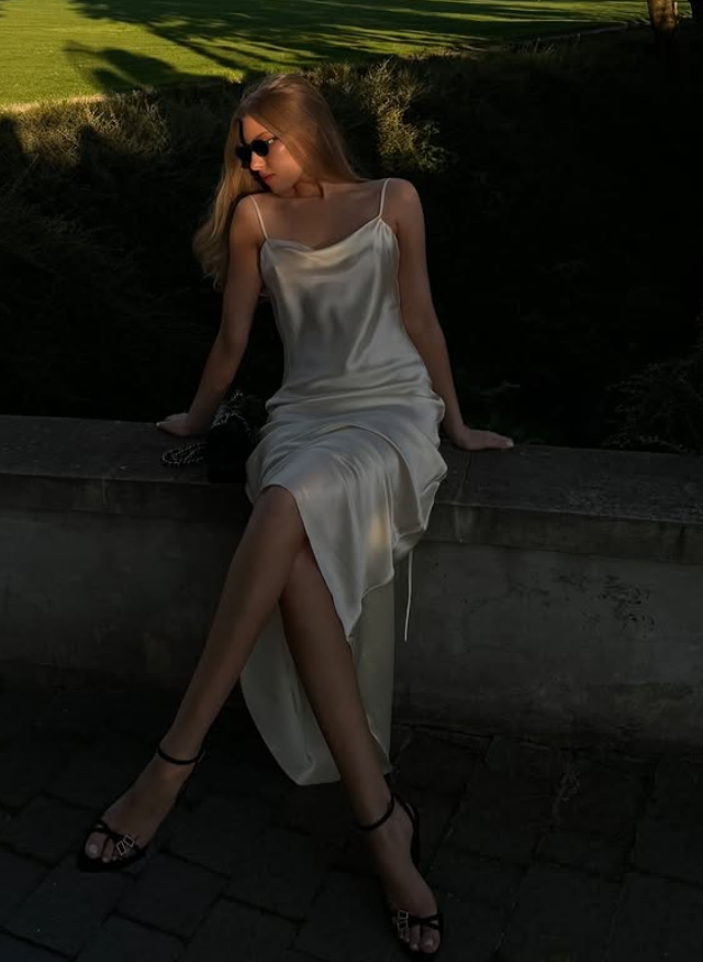 Simple White A Line Spaghetti Strap Satin Open Back Prom Dress Wedding Guest Dress SH4446
