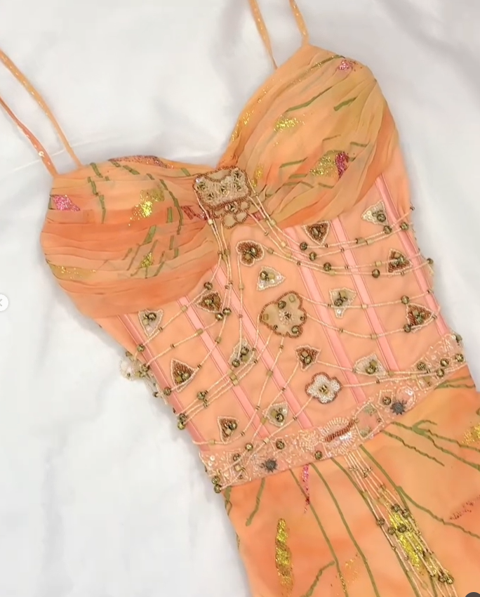 Retro Orange Print Floral A Line Spaghetti Straps Chiffon Long Prom Dress Cocktail Dress SH3547
