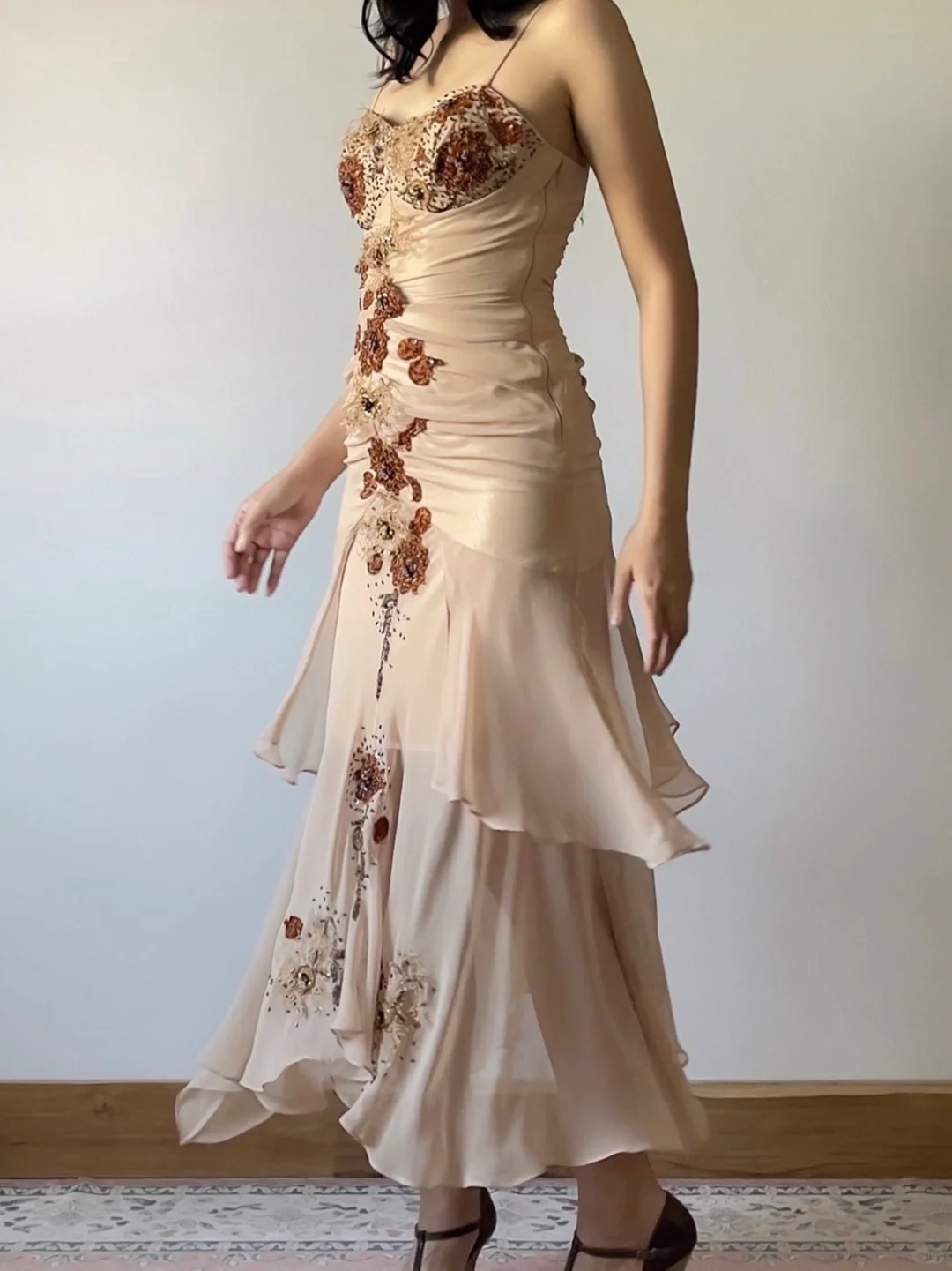 Dark Apricot Mermaid Spaghetti Strap Beaded Chiffon Prom Dress Evening Dress SH4248