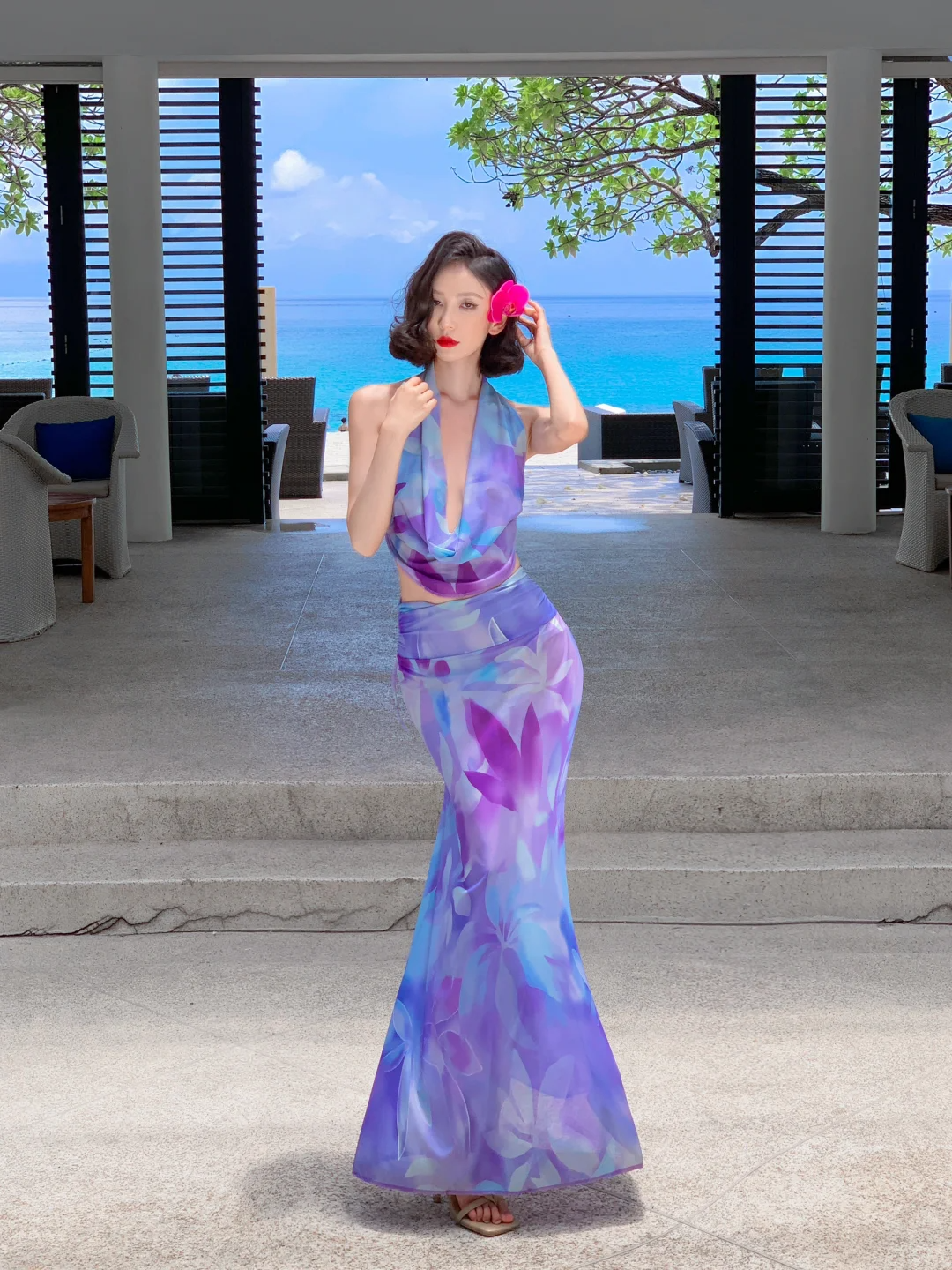 Two Piece Mermaid Halter Purple Print Floral Chiffon Long Prom Dress Outfits SH4332